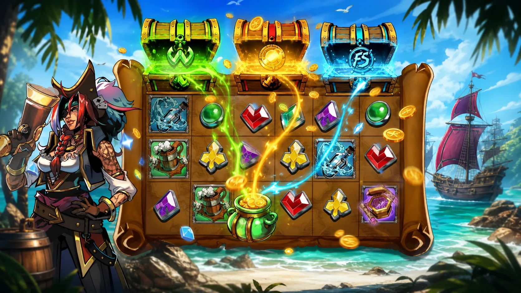 3 Cursed Chests base game screen with three treasure chests above the reels