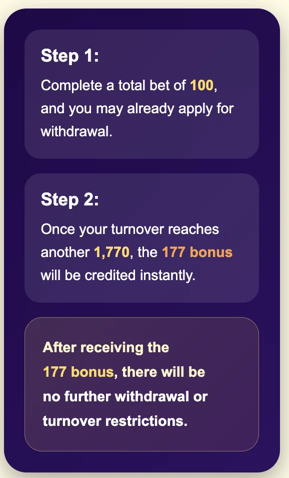 Deposit 100 get 177 step by step turnover explanation