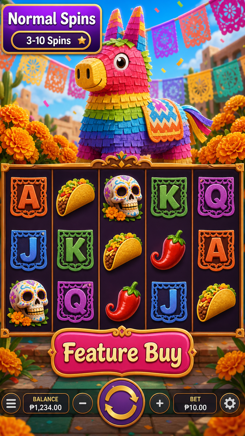 Pinata Wins base game with normal spins and Feature Buy button visible