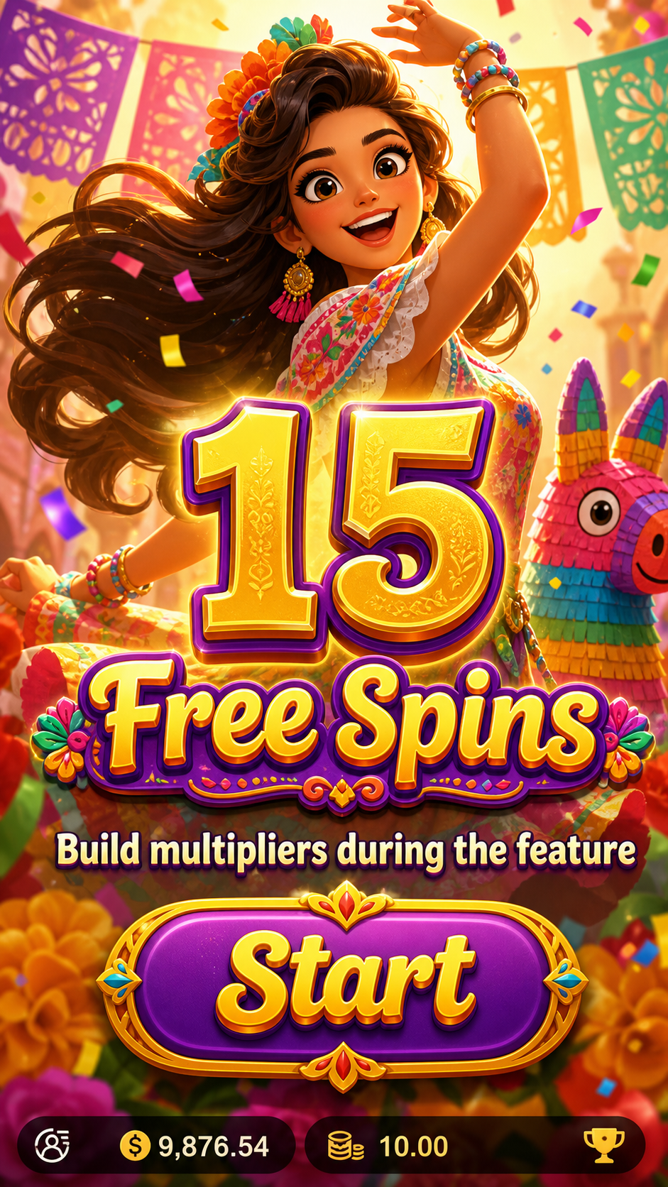 Pinata Wins 15 free spins start screen