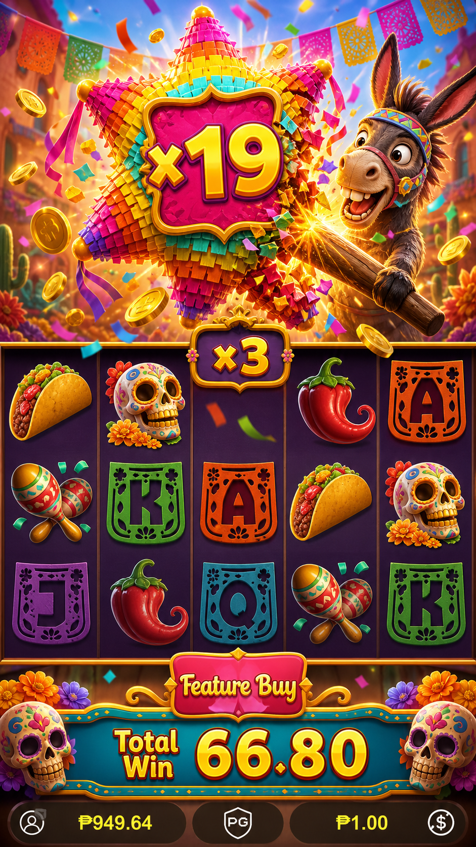 Pinata Wins multiplier accumulating above the reels