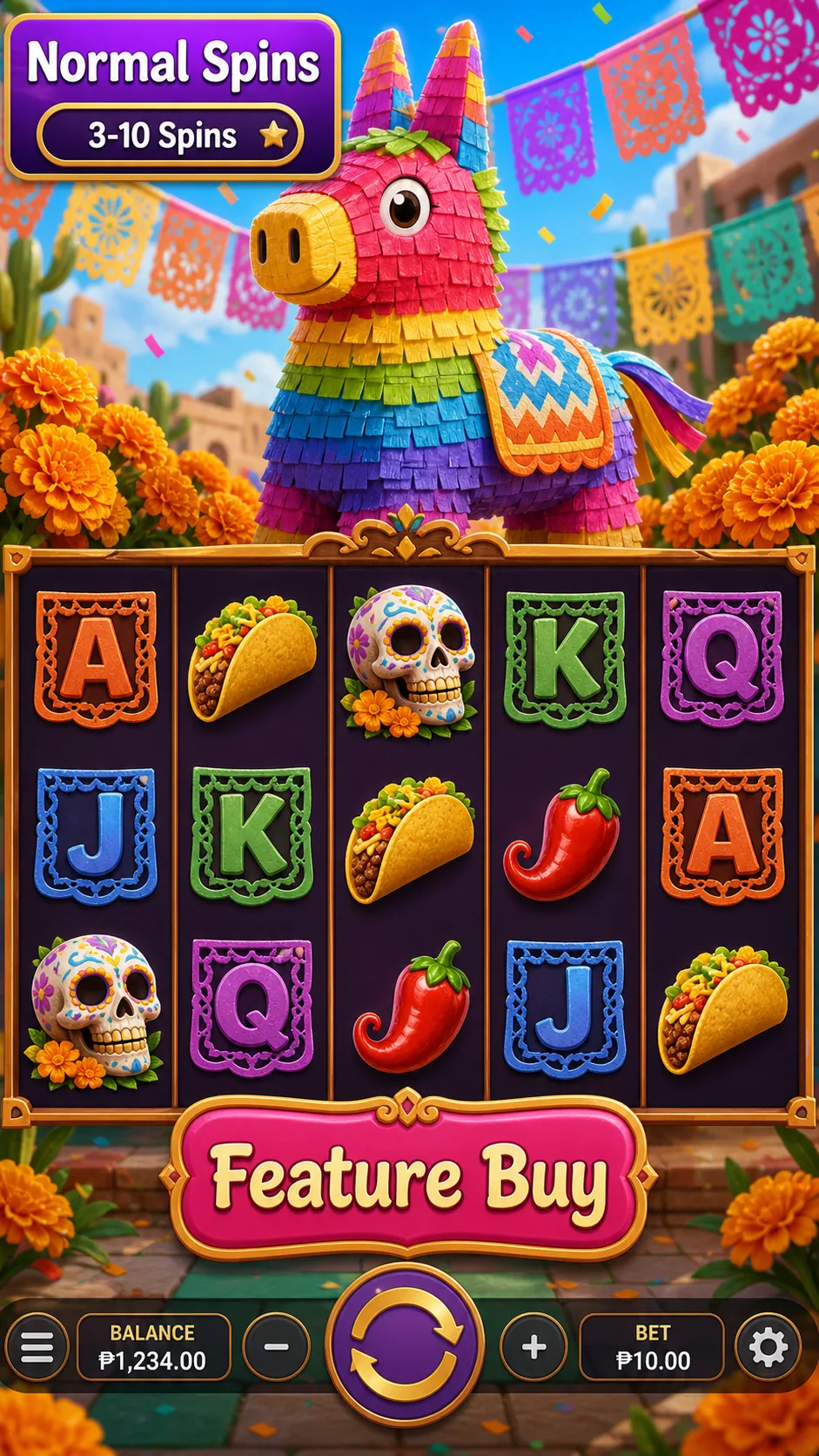 Pinata Wins base game with normal spins and Feature Buy button visible