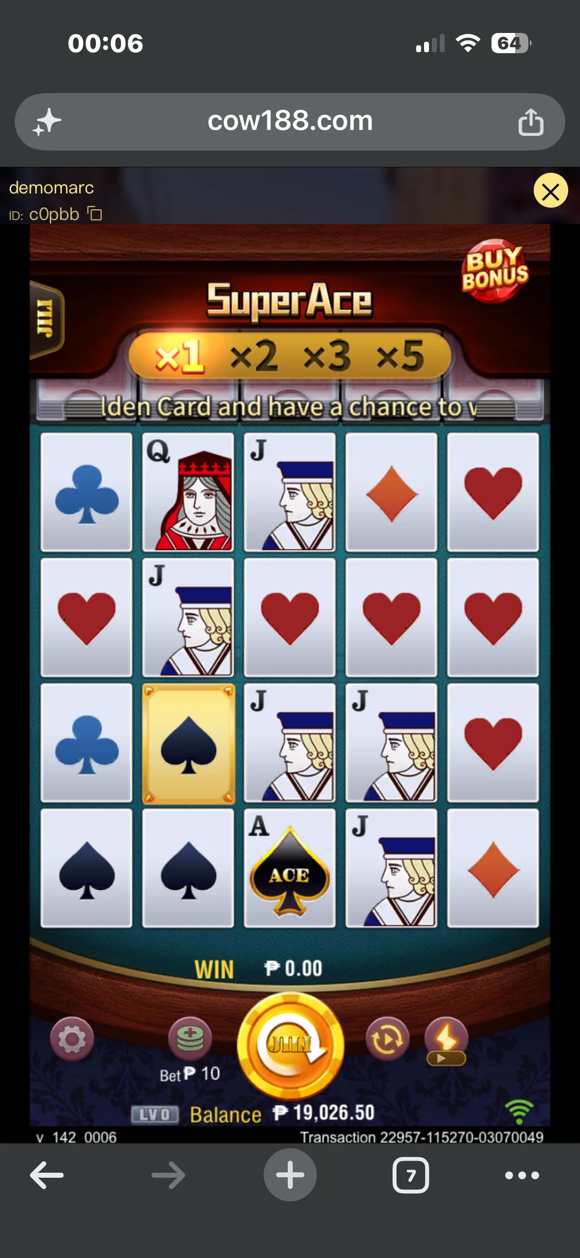 JILI Super Ace gameplay screen showing the normal spin multiplier ladder