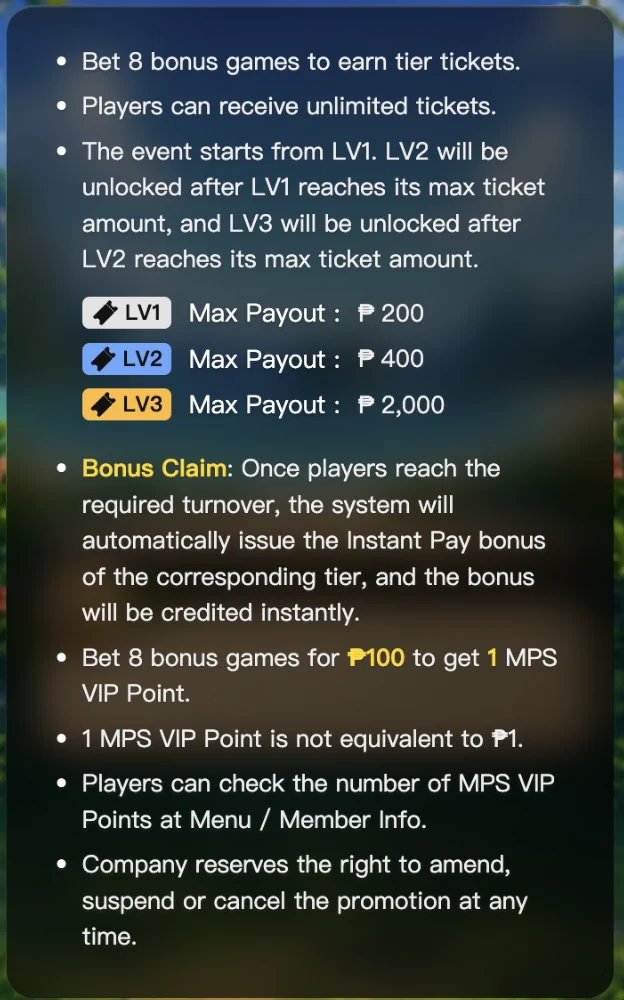 3-Level Bonus Challenge rules explaining LV1 LV2 LV3 and bonus claim